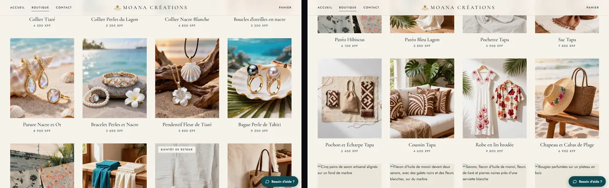 Deux vues de la boutique du site Moana Créations : une grille de bijoux (bagues, pendentif et bracelet de perles) et une grille de textiles (paréos, coussin, robe brodée et chapeau).