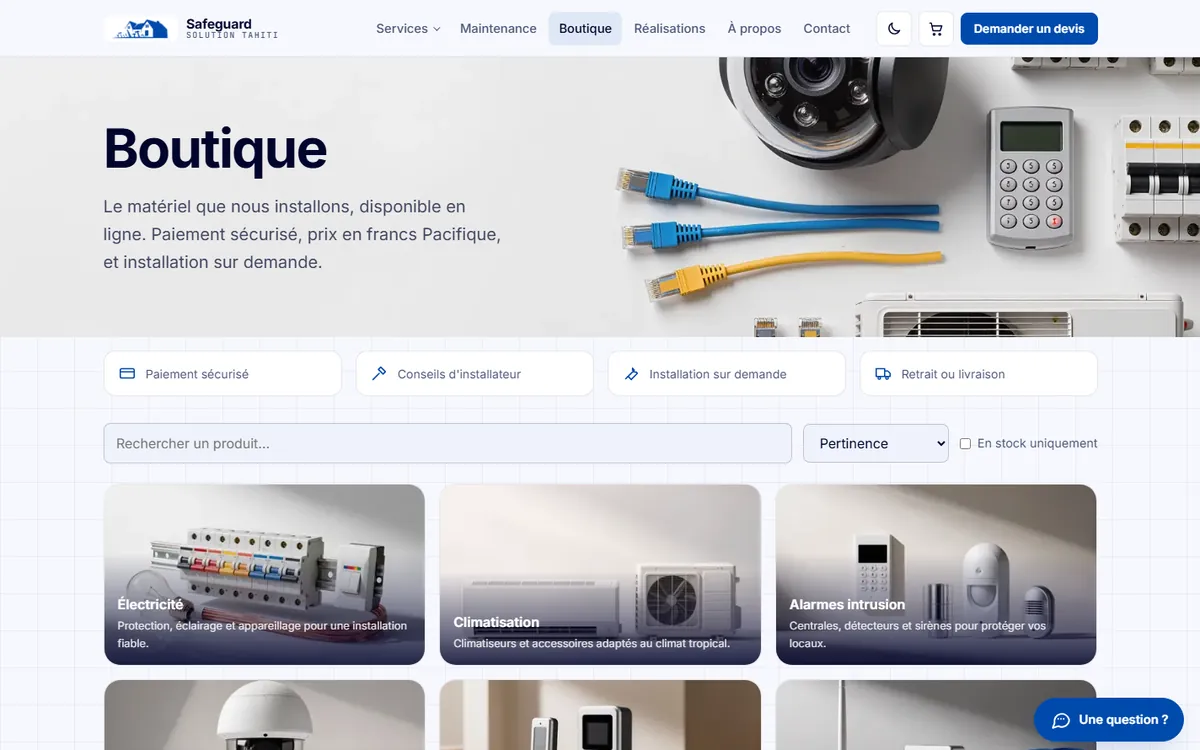 Page boutique du site Safeguard Solution Tahiti sur ordinateur : recherche de produit et catégories Électricité, Climatisation et Alarmes intrusion.