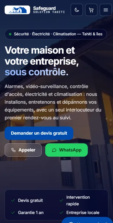Page d'accueil du site Safeguard Solution Tahiti sur téléphone : titre, présentation des services et boutons de devis, d'appel et WhatsApp.