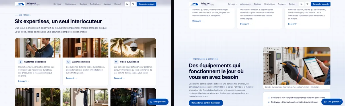 Deux autres sections du site Safeguard Solution Tahiti : « Six expertises, un seul interlocuteur » avec les cartes de services illustrées de photos, et « Des équipements qui fonctionnent le jour où vous en avez besoin » avec la présentation de la maintenance.